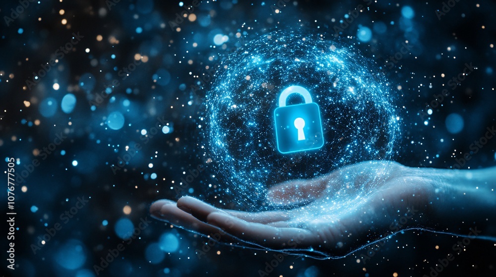 Poster A hand reaching out to a floating holographic lock icon over a smartphone symbolizing fintech cyber protection with side empty space for text Stockphoto style