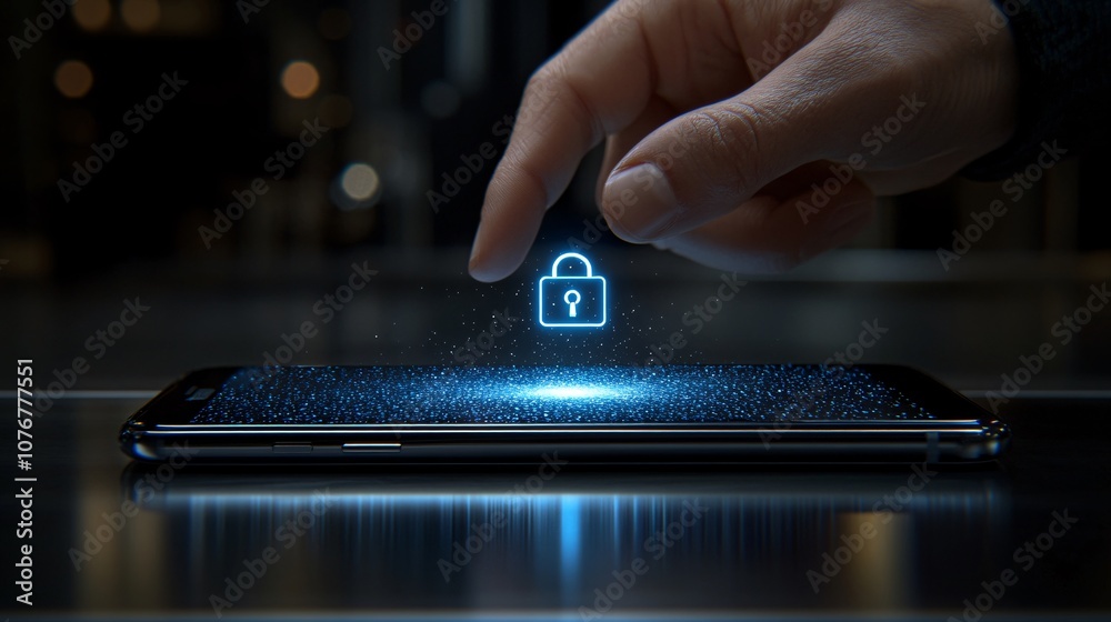 Poster A hand reaching out to a floating holographic lock icon over a smartphone symbolizing fintech cyber protection with side empty space for text Stockphoto style