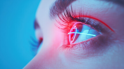 Laser vision correction, close-up of a female eye during examination, addressing astigmatism and myopia in a clinical setting