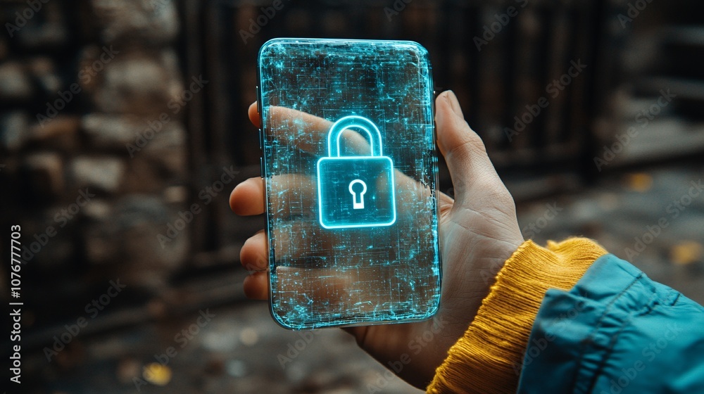 Poster a hand reaching out to a floating holographic lock icon over a smartphone symbolizing fintech cyber 