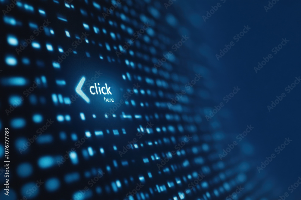 Poster Captivating Digital Interface with Glowing Cursor and 'Click Here' Prompt, Inviting User Interaction in an Engaging Dark Cyber Environment