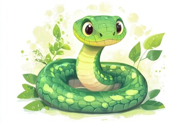 Fototapeta premium An adorable illustrated green snake design on white background, ideal for childrens content and various playful, imaginative designs
