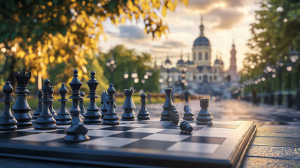 A captivating autumn afternoon chess game set against a grand architectural backdrop in a serene park.