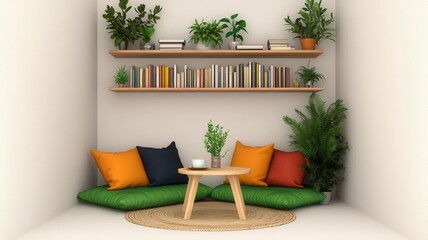 Cozy corner with plants, cushions, and shelves for a serene living space.