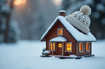 Naklejka premium Small toy house in a knitted hat on snow. Heating system concept and cold snowy weather