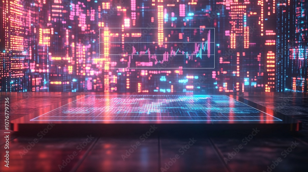 Poster A floating holographic chart with key financial indicators such as ROI and stock prices symbolizing modern data insights with side empty space for text Stockphoto style