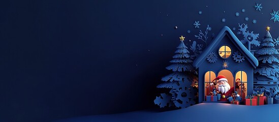 Fototapeta premium Festive scene with Santa, gifts, and a cozy house in winter.