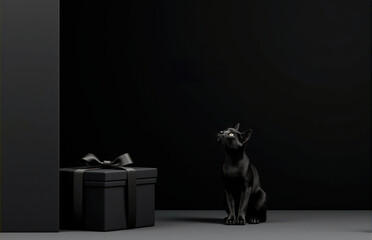 black cat black background black gift copy space