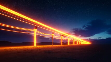 Power Towers at Night with Glowing Cables in Open Field