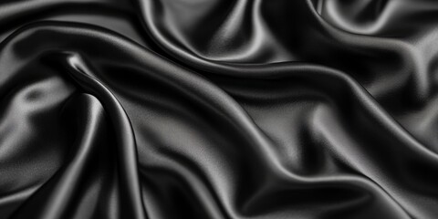 Obraz premium Luxurious black satin fabric with rich folds, creating a soft and flowing texture. Elegant and vibrant material ideal for backgrounds, banners, or fashion-themed projects.
