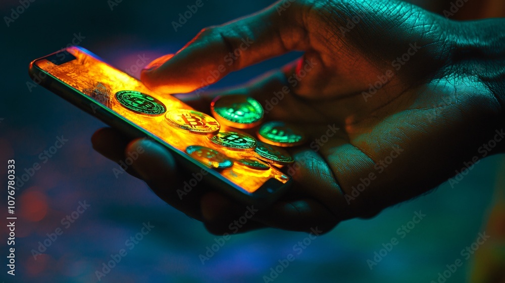 Poster A hand holding a mobile phone displaying multiple cryptocurrency wallet options symbolizing digital currency management with side empty space for text Stockphoto style