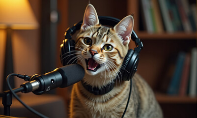 happy cat doing a podcast