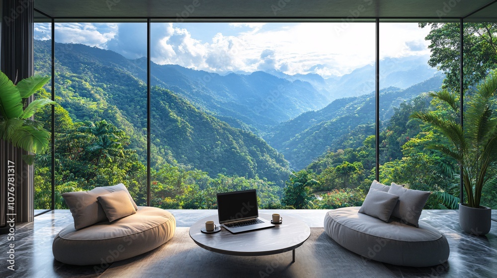 Poster Remote work setup on a balcony with scenic mountain views, showing a laptop on a table and a comfortable chair with a cup of tea, suggesting a flexible work environment with side empty space for text