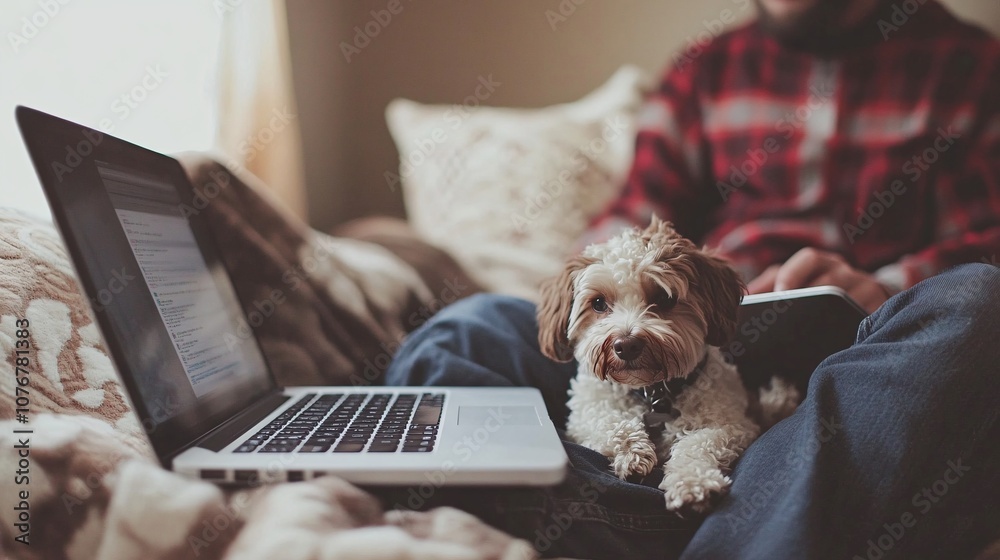 Poster casual work atmosphere with a person sitting cross-legged on a sofa, a laptop on their lap, and a do