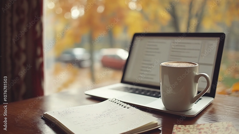 Poster a relaxed home office setup with a laptop, notepad, and coffee mug on a stylish wooden desk, natural