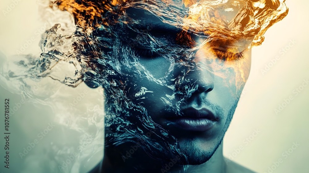 Poster ethereal portrait of a young man surrounded by surreal elements of water and fire, capturing the int