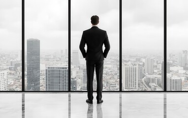 Fototapeta premium Back view of boss standing in grand office, looking out large windows over cityscape, concept of ambition, monochromatic tones