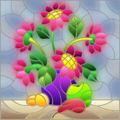 Illustration in stained glass style with still life, a bouquet of pink flowers and fruit on a gray background, square image