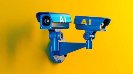 Two blue surveillance cameras labeled "AI" on a bright yellow background, emphasizing technology and security.