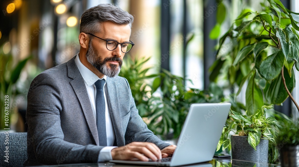 Poster Professional seated on a co-working space sofa, typing on a laptop, with vibrant decor and collaborative energy in the background with side empty space for text Stockphoto style