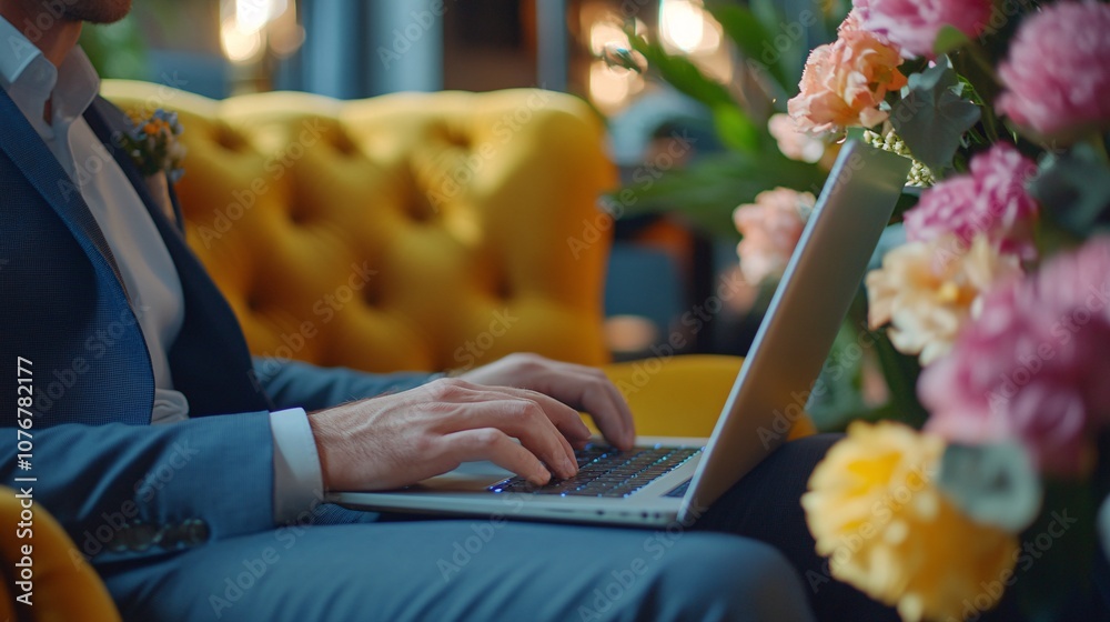 Poster professional seated on a co-working space sofa, typing on a laptop, with vibrant decor and collabora