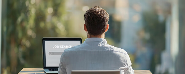 Closeup of resume on desk with job listings on laptop, job search preparation, minimalist style, neutral background