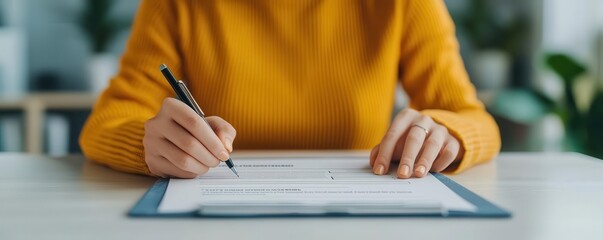 Confident candidate filling out job application form, professional setting, bright lighting, soft shadows