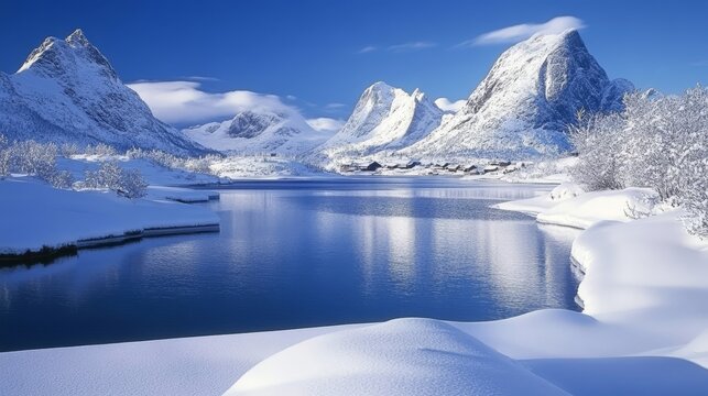 Majestic Lofoten, Norway, awash in winter's icy embrace. Snow-laden peaks and ethereal fjords paint a surreal canvas.