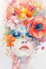 Vibrant Watercolor Portrait of a Woman with Floral Headpiece Showcasing Artistic Expression