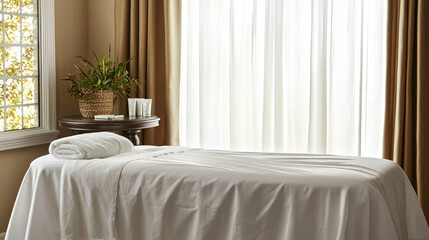 Fototapeta premium Relaxing spa room with massage table, soft lighting, and natural decor. serene atmosphere invites tranquility and rejuvenation