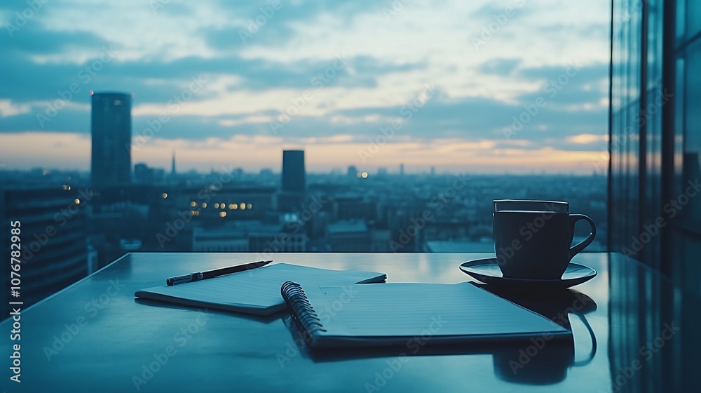 Poster Tablet setup with notepads and a coffee cup on a stylish outdoor terrace, emphasizing a serene remote workspace with side empty space for text Stockphoto style