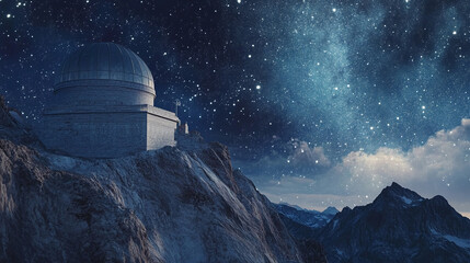 A scenic vista of an ancient observatory built on a mountain, overlooking a starry sky with celestial instruments