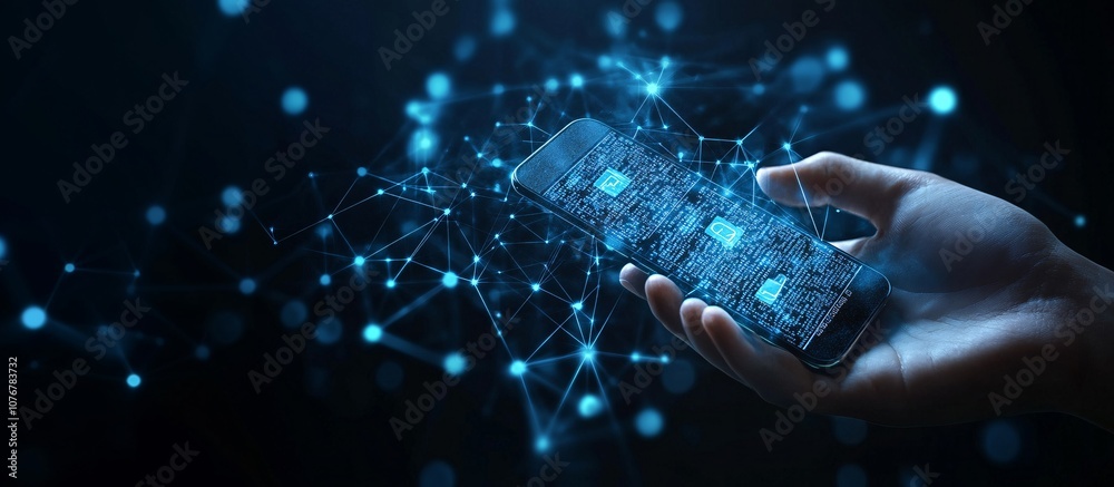 Fototapete A hand holding a smartphone displaying a digital payment app with QR code ready to be scanned symbolizing mobile payments and modern transaction convenience with side empty space for text Stockphoto