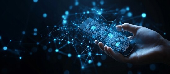 A hand holding a smartphone displaying a digital payment app with QR code ready to be scanned symbolizing mobile payments and modern transaction convenience with side empty space for text Stockphoto