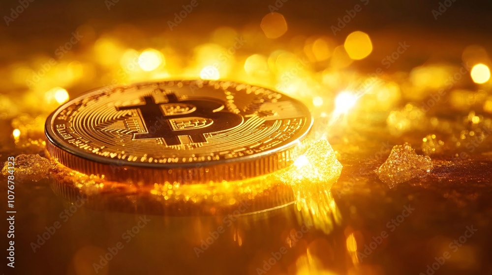 Poster A bright image of a cryptocurrency coin like Bitcoin with a radiant glow in the background symbolizing the future of digital currency with side empty space for text Stockphoto style