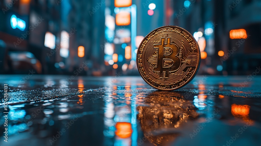Poster A bright image of a cryptocurrency coin like Bitcoin with a radiant glow in the background symbolizing the future of digital currency with side empty space for text Stockphoto style