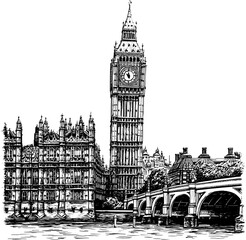 Fototapeta premium Hand-drawn illustration of Big Ben and Houses of Parliament.