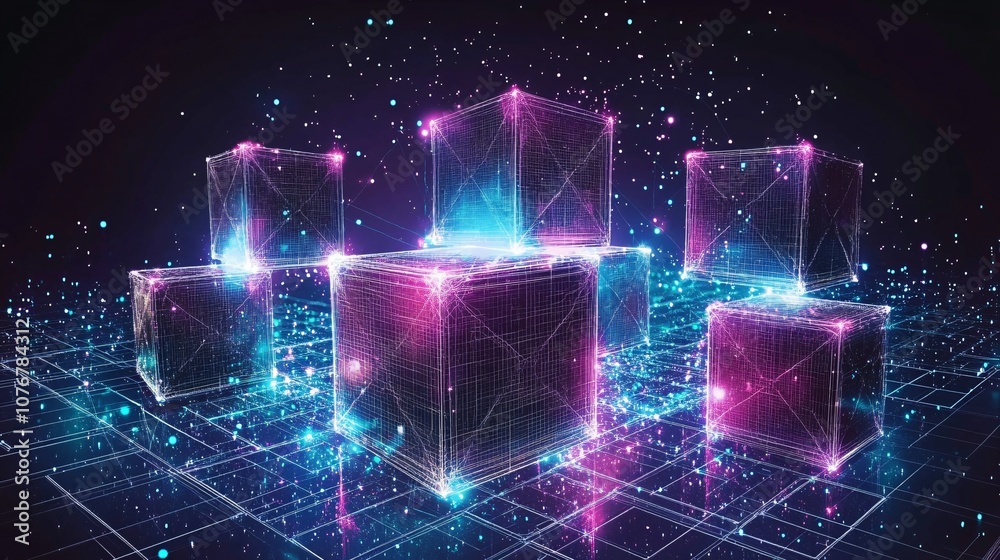 Leinwandbilder A visual representation of a blockchain network with abstract blocks linked together in a 3D graphic representing decentralized data storage with side empty space for text Stockphoto style