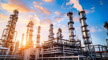 Fototapeta premium Industrial facility at sunset showcasing tall smokestacks and extensive piping systems