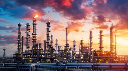 Fototapeta premium Industrial oil refinery at sunset with vibrant sky and burning flare in the background
