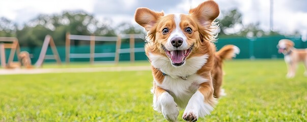 A happy dog running in a large open dog park