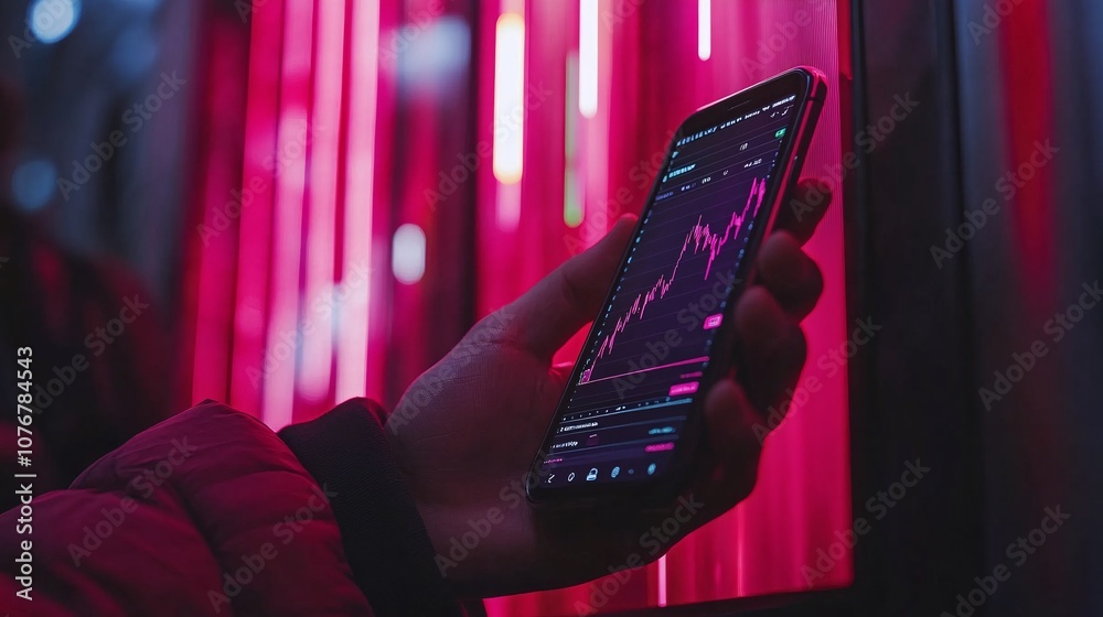 Aufkleber An investor using a smartphone app with graphs and automated trading features displayed on screen representing ease of digital investment with side empty space for text Stockphoto style