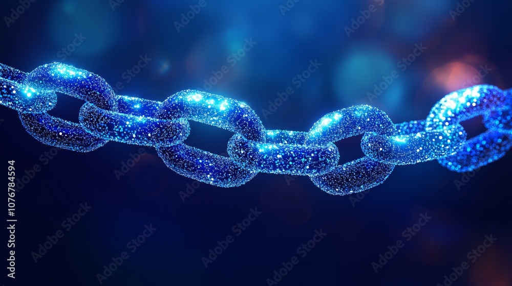 Aufkleber A visual representation of a blockchain network with abstract blocks linked together in a 3D graphic representing decentralized data storage with side empty space for text Stockphoto style