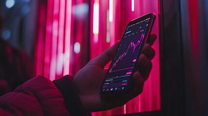 An investor using a smartphone app with graphs and automated trading features displayed on screen representing ease of digital investment with side empty space for text Stockphoto style