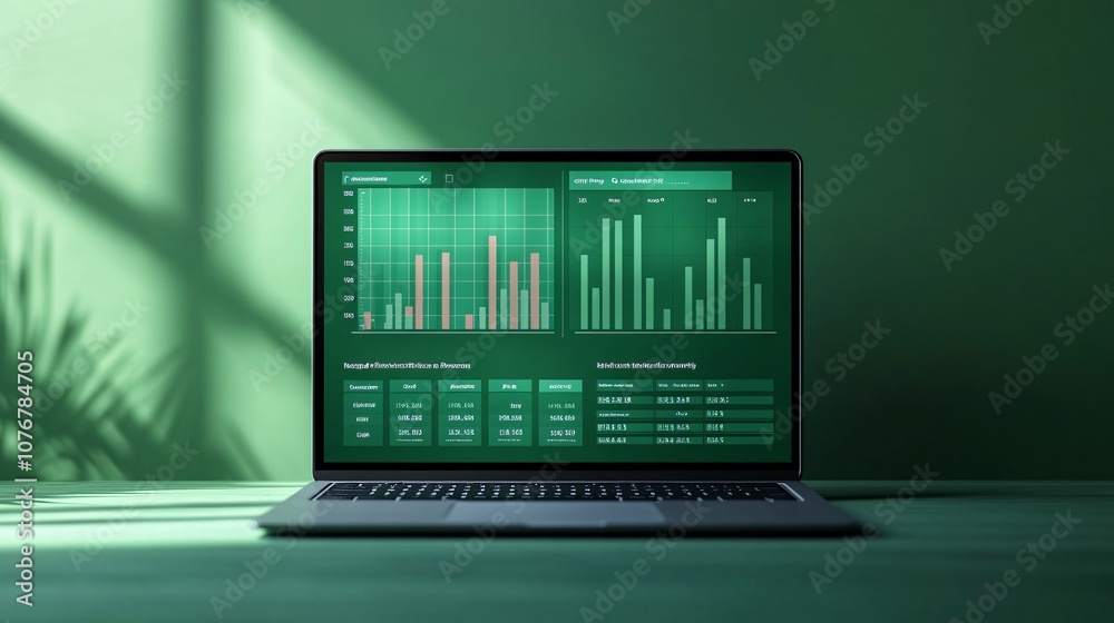 Poster A laptop showing a financial investment dashboard with growth charts and stock trade history emphasizing ease of self-directed investing with side empty space for text Stockphoto style
