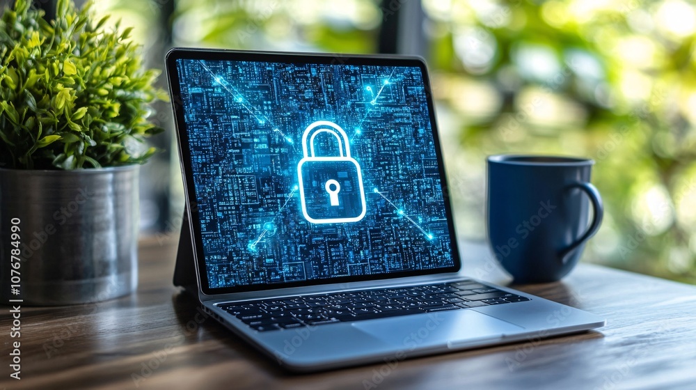 Fototapete An image of a smartphone and laptop with a digital lock icon signifying cyber security in fintech with side empty space for text Stockphoto style