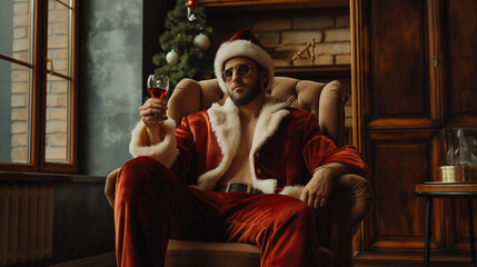 Young and handsome Santa in a velvet suit, sitting in the big chair in a luxury living room, with a...