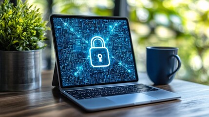 An image of a smartphone and laptop with a digital lock icon signifying cyber security in fintech with side empty space for text Stockphoto style