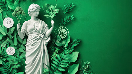 Obraz premium A statue of a dedicated environmentalist holding a plant, surrounded by eco-friendly symbols, against a lush green background
