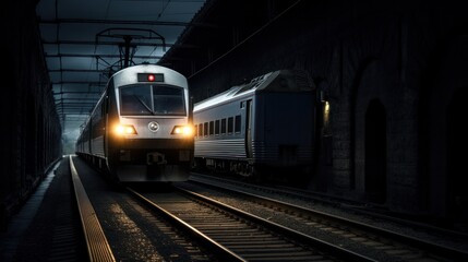 Fototapeta premium A modern railway tunnel entrance illuminated by overhead lights, with a train emerging from the darkness into the bright exterior